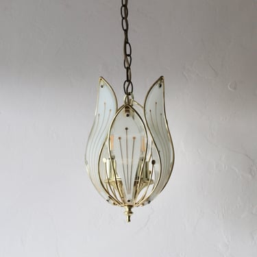 Franco Luce Style Brass Finish Glass Lotus Three Bulb Ceiling Light Fixture Chandelier Lamp Vintage Mid Century 