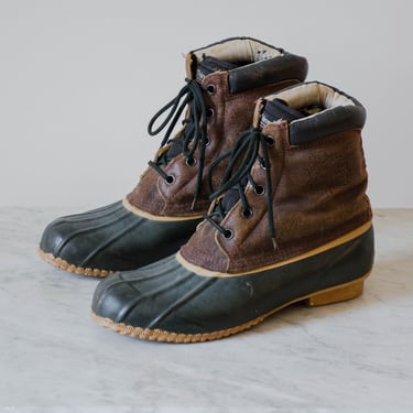 men's vintage duck boots | 80s 90s vintage Woodsman Thinsulate leather rubber outdoor hunting waterproof boots size 10 