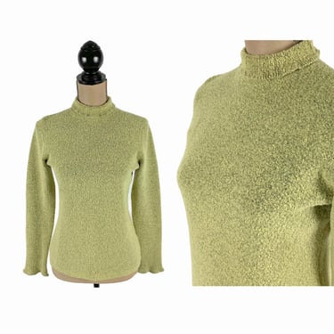 90s Lime Green Sweater Small, Mock Neck Lettuce Edge Acrylic Wool Blend Boucle Knit, 1990s Clothes Women, Vintage Clothing from Sigrid Olsen 