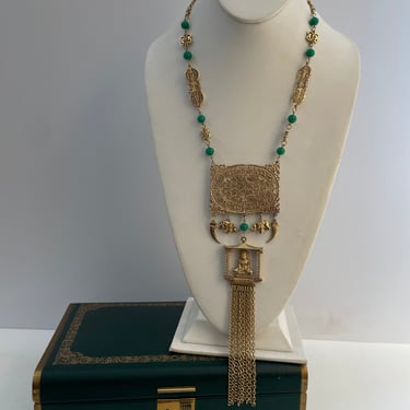 1960s Gold &amp; Green Bead Statement Buddha Necklace
