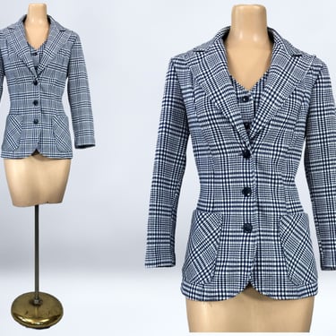 VINTAGE 70s Navy Checkered Plaid Fitted Jacket and Vest Set Sz 12 | 1970s Butterfly Collar Leisure Suit Jacket Set | vfg 