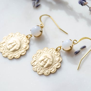 gold sun earrings, celestial zodiac earrings, moonstone earrings, celestial jewelry, boho hippie crystal jewelry 