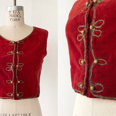 Antique Hungarian Vest Maroon Red Velvet Metal Embroidery Brass Beads 