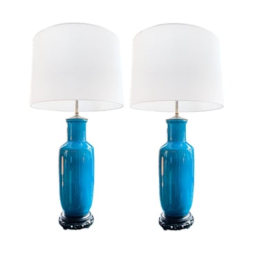 Midcentury Blue Porcelain Table Lamps by Warren Kessler - a Pair