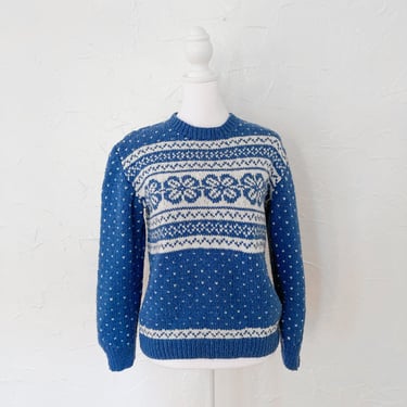 70s/80s Blue and White Fair Isle Chunky Hand Knit Pullover Sweater | Medium/Large 