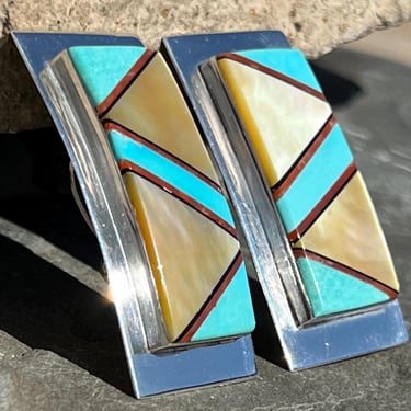 Teme ~ Vintage Native American Turquoise and Mother of Pearl Inlay Large Sterling Silver Clip On Southwestern Earrings 
