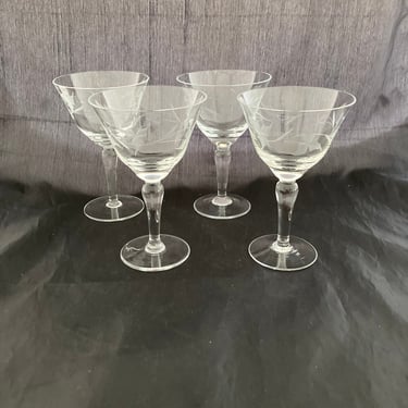 Set of 2 Art Deco Floral Etched 5 OZ Tall Martini Glasses, Flowers Vines, Mid Century Modern  Cocktail Coupe Glasses, Champagne Saucers 