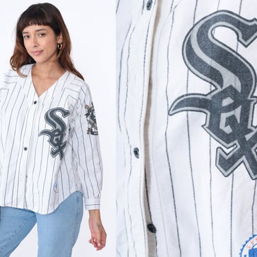 Chicago White Sox Pajama Shirt 90s Esleep Baseball Pajamas Top MLB Pyjama Shirt Graphic Button Up Sleep Shirt Long Sleeve Medium Large 