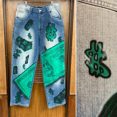 Vintage 2000’s Hip Hop Money Airbrush Artwork Wide Leg Denim Jeans, w38, Y2K Style, Vintage Clothing 