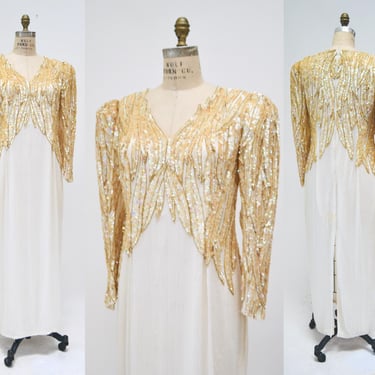 80s 90s Vintage off white Silver Cream Beaded Sequin Dress Gown Medium Pageant Wedding Party Dress Large White Beaded Dress 