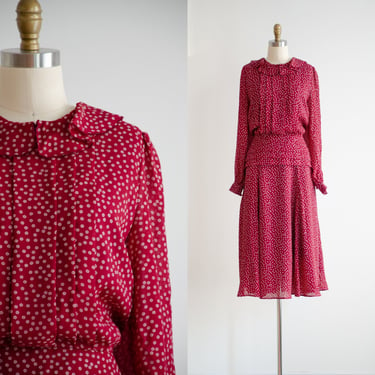 cute cottagecore dress 80s 90s vintage Nancy Johnson red burgundy chiffon flowy midi dress 