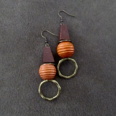 Bold wooden Afrocentric geometric earrings, orange 