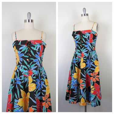 Vintage 1980s floral dress sundress cotton tropical print corset top lace front new wave 