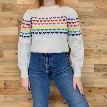 70's Vintage Rainbow Hearts Knit Sweater Top 