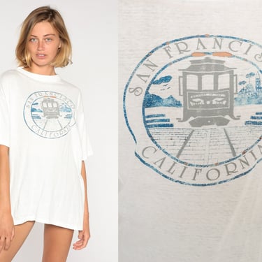 80s San Francisco Shirt Cable Car Graphic Tee California Tshirt Tourist Travel Distressed Burnout T-Shirt White Vintage 1980s Large xl l 