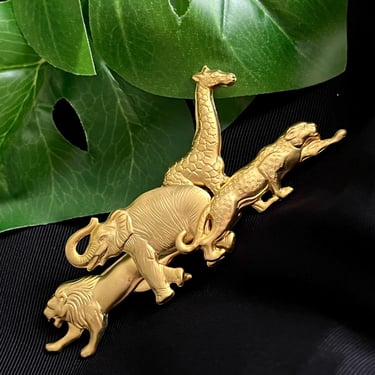 Jungle Animals Pin, Figural, Elephant, Lion, Giraffe Brooch, 3 in long, Matte Gold Tone, Vintage 