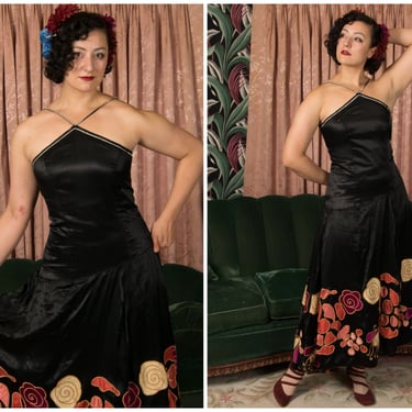 1930s Dress - Gorgeous Vintage 30s Satin Flamenco Costume Dress with Silk Floral Applique, Rhinestone Straps, and Red Lined Skirt 