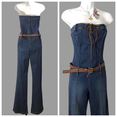 90s strapless lace up denim jumpsuit, hot kiss blue jean jumpsuit 