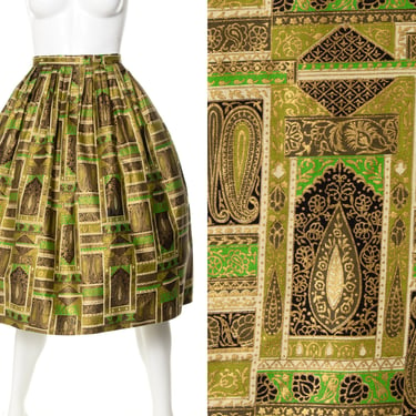 Vintage 1950s Skirt | 50s Metallic Gold Screen Printed Cotton Paisley Geometric Indian Green High Waisted Full Swing Skirt (small) 