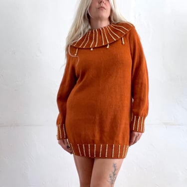 Vintage 90s Burnt Orange Beaded Mini Sweater Dress 
