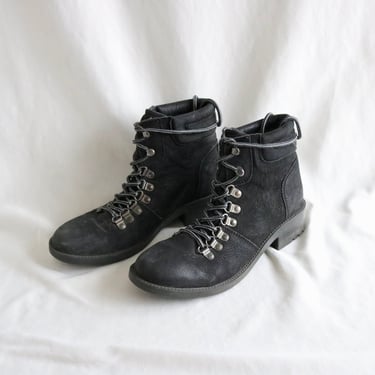 black suede combat boots - 8.5 - vintage 90s leather platform hiking ankle boot 