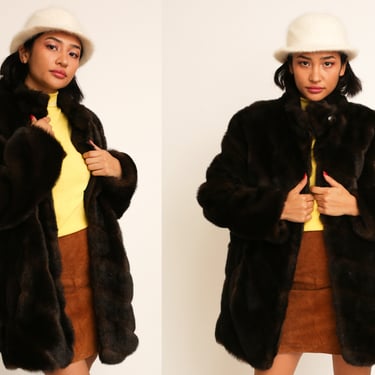 Vintage 1970s 70s Dark Brown Faux Fur Satin Lining Coat Jacket 