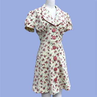Vintage Dress Retro 1960s Union Made + Size 9 + Cream + Pink + Floral Print + Puff Sleeves + Mini Length + Big Buttons + Womens Apparel 