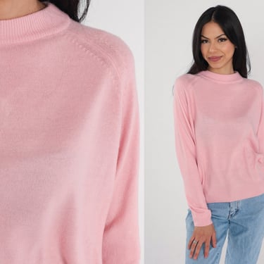Baby Pink Sweater 80s Knit Pullover Sweater Raglan Sleeve Retro Basic Plain Solid Mock Neck Jumper Pastel Acrylic Vintage 1980s Medium 