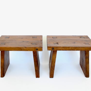 French Walnut Stools Attributed to Atelier Marolles in a Wabi Sabi Spirit 20thc