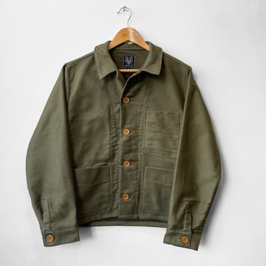 Made In England Moleskin Cotton Chore French Workwear Jacket - Moss Green - Wooden Buttons 