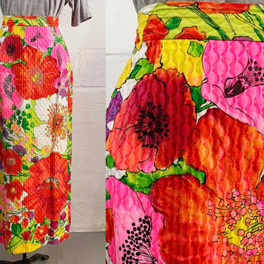 Vintage Quilted Floral Maxi Skirt Flower Power Flowers Boho Mod Red Pink Rainbow A-Line Hippie Long Dopamine Colorful 1960s 60s Small XS 