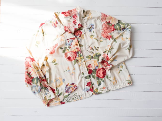 cute cottagecore blouse | 80s 90s plus size vintage white cream pink cotton romantic floral long sleeve shirt 