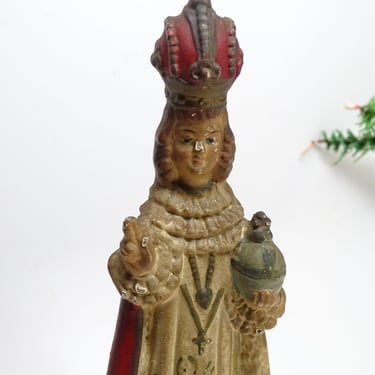 Antique Infant of Prague Santos, Hand Carved Primitive Folk Art, Vintage Church Statue Christ Child Jesus 