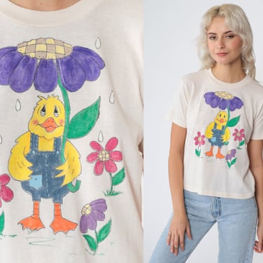 Cute Duck Shirt 80s Baby Tee Cartoon Animal Floral Umbrella Print Graphic T-Shirt Darling Kawaii Single Stitch Vintage 1980s Extra Small xs 