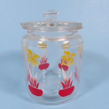 Mid Century Painted Daffodils Glass Jar -Red White Yellow Daffodils Small Jar Canister 