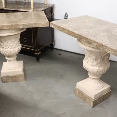 Fine Pair Italian Neoclassical Style Faux Marble Urn Console Tables