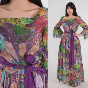 70s Floral Dress Bell Sleeve Maxi Dress High Waist Low Scoop Back Ribbon Belt Garden Party Gown Purple Bohemian Formal Vintage 1970s Small S 