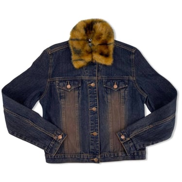 Y2k dark denim jacket, vintage 2000s stonewashed denim, faux fur collar sz S 