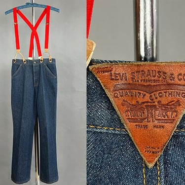 1970s Deadstock Levi's  / Levi's Promotional Orange Tab Jeans with Attached Red Suspenders / Size Small Waist 28