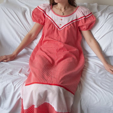2940d / red multi pattern cotton puff sleeve dress / s / m 