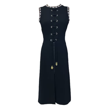 Louis Feraud 1970's Black Lace Up Dress with Beaded Trim