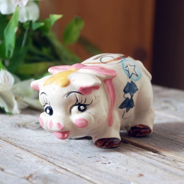 Vintage piggy bank / small hand painted pig bank /  pig gift / farmhouse decor / ceramic pig savings bank / first bank / animal bank 