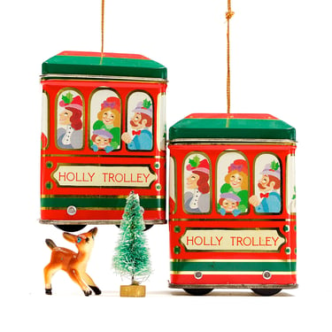 VINTAGE: 2 Hallmark Holly Trolley Tin Ornament - Holiday - Christmas - SKU Tub-400-00017093 