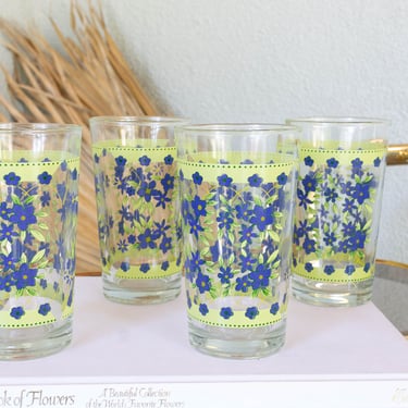 Set of 4 Vintage Blue Floral Tumblers, Drinkware, Drinking Glasses, Retro Glassware, MCM Kitchen 