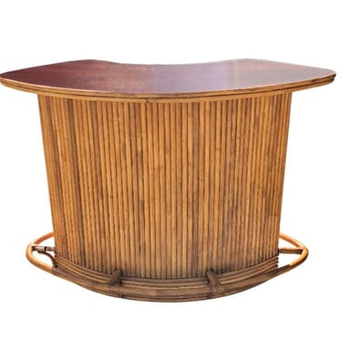 Restored Rattan Mid Century Dry Bar with Mahogany Top and Footstool 