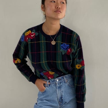 90s embroidered plaid lambswool sweater / vintage navy blue tartan plaid floral embroidery angora pullover crewneck sweater | M 