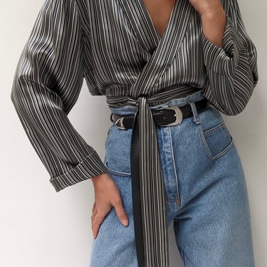 Vintage Charcoal Striped Silk Wrap Blouse