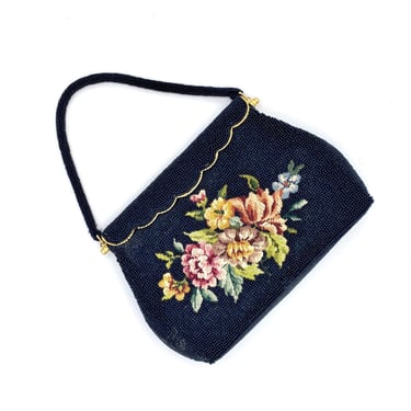 Vintage 1950s Black Micro-Beaded Petitpoint Evening Bag, Handmade Top Handle Purse with Floral Needlepoint, VFG 