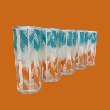 Vintage Drinking Glasses Retro 1970s Mid Century Modern + Glass + Blue + White + Orange + Set of 5 + Highballs + Barware + Kitchen Drinks 