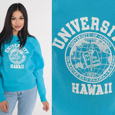 University Of Hawaii Sweatshirt 80s Hawaiian College Sweater Honolulu Graphic Shirt Warriors Bright Blue Raglan Sleeve Vintage 1980s Medium 